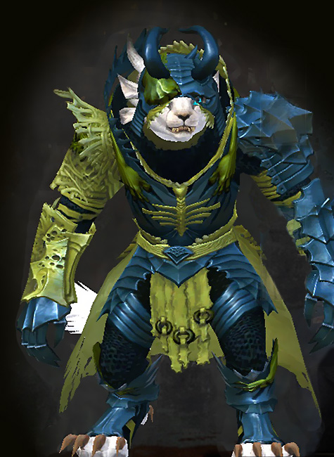 Guild Wars 2 Charr Heavy Female Dungeon Armor Set - Dyed Green & Blue - Grasping Dead