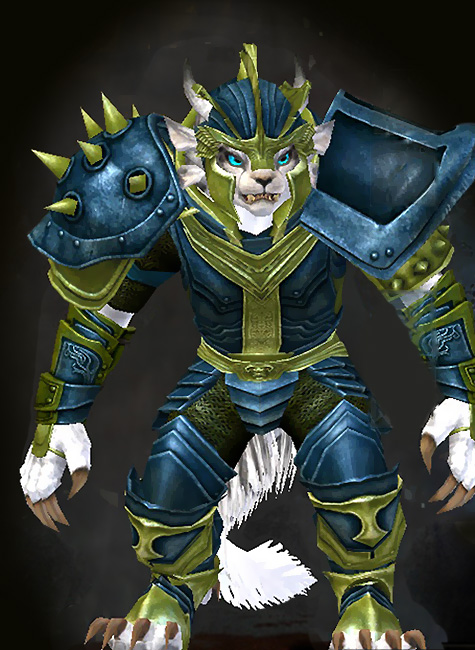 Female Hall of Monuments - Heritage Guild Wars 2 Charr Heavy Female Hall of Monuments Armor Set - Dyed Green & Blue - Heritage