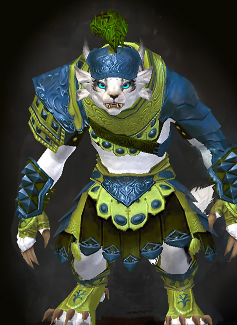 Guild Wars 2 Charr Heavy Female Karma Armor Set - Dyed Green & Blue - Pit Fighter