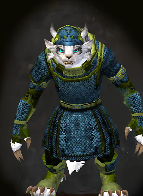 Guild Wars 2 Charr Heavy Female Armor Set - Dyed Green & Blue - Worn Scale