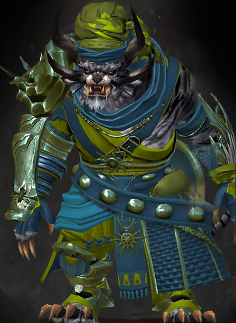 Guild Wars 2 Charr Heavy Male Path of Fire Armor Set - Dyed Green & Blue - Elonian