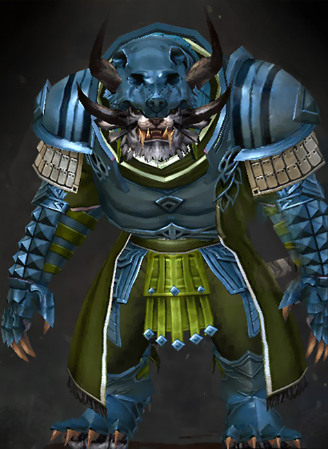 Guild Wars 2 Charr Heavy Male Dungeon Armor Set - Dyed Green & Blue - Armor of Koda