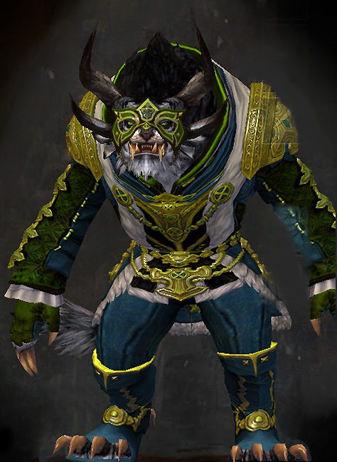 Guild Wars 2 Charr Light Male Karma Armor Set - Dyed Green & Blue - Aurora
