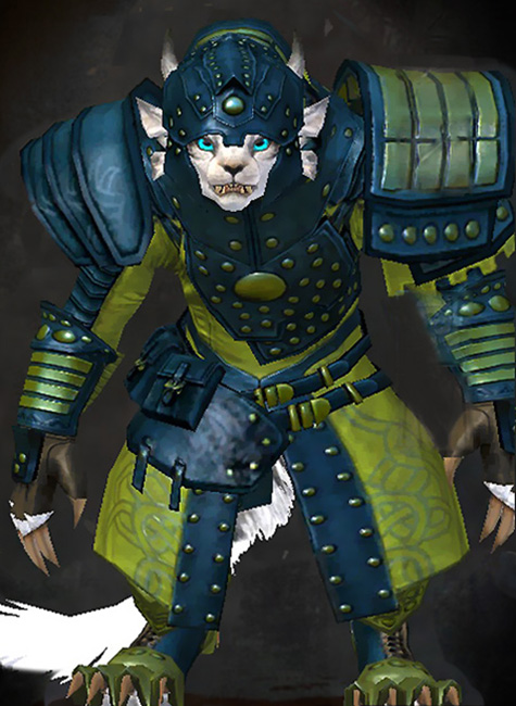 Guild Wars 2 Charr Medium Female Dungeon Armor Set - Dyed Green & Blue - Ascalonian Sentry