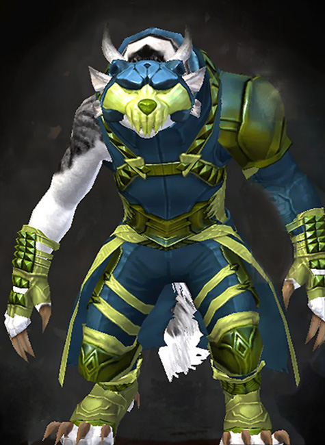 Guild Wars 2 Charr Medium Female Dungeon Armor Set - Dyed Green & Blue - Armor of Koda