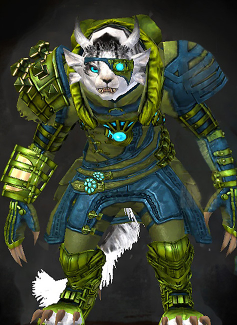 Female Gem Store - Magitech Guild Wars 2 Charr Medium Female Gem Armor Set - Dyed Green & Blue - Magitech