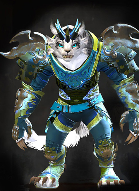 Guild Wars 2 Charr Medium Female WvW Armor Set - Dyed Green & Blue - Mistforged Triumphant Hero's
