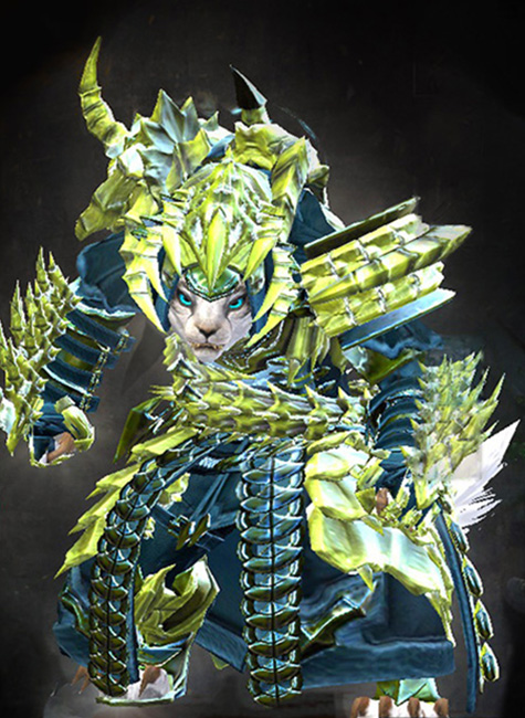 Guild Wars 2 Charr Medium Female Crafted Armor Set - Dyed Green & Blue - Perfected Envoy - Wielded