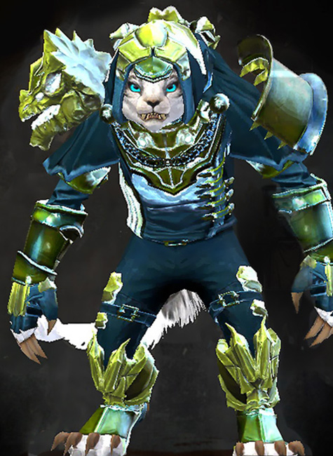 Guild Wars 2 Charr Medium Female Crafted Armor Set - Dyed Green & Blue - Perfected Envoy
