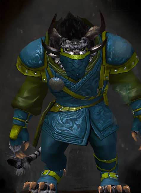 Male Karma - Duelist Guild Wars 2 Charr Medium Male Karma Armor Set - Dyed Green & Blue - Duelist