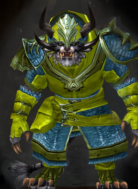 Guild Wars 2 Charr Medium Male Crafted Armor Set - Dyed Green & Blue - Emblazoned