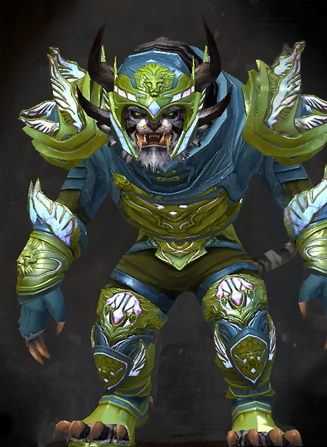 Male PvP - Glorious Hero's Guild Wars 2 Charr Medium Male PvP Armor Set - Dyed Green & Blue - Glorious Hero's