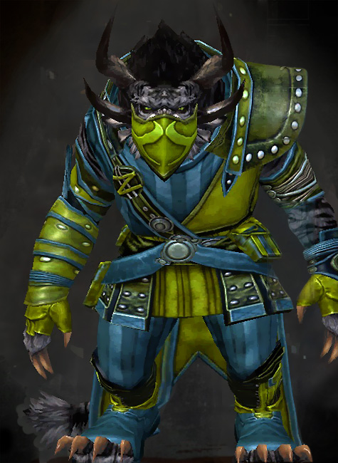 Guild Wars 2 Charr Medium Male Hall of Monuments Armor Set - Dyed Green & Blue - Heritage