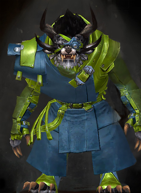 Guild Wars 2 Charr Medium Male Crafted Armor Set - Dyed Green & Blue - Leather