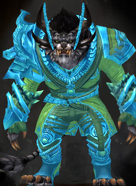 Guild Wars 2 Charr Medium Male Living Story Armor Set - Dyed Green & Blue - Luminescent