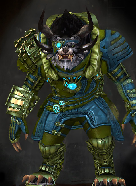 Male Gem Store - Magitech Guild Wars 2 Charr Medium Male Gem Armor Set - Dyed Green & Blue - Magitech