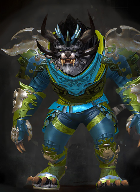 Guild Wars 2 Charr Medium Male WvW Armor Set - Dyed Green & Blue - Triumphant Hero's