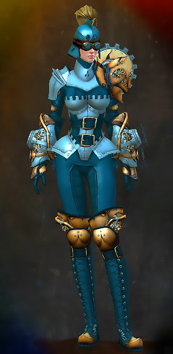 Guild Wars 2 Human Heavy Female Gem Armor Set - Dyed Blue & Gold - Aetherblade