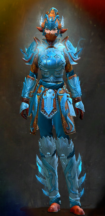 Guild Wars 2 Human Heavy Female End of Dragons Armor Set - Dyed Blue & Gold - Ancient Kraken