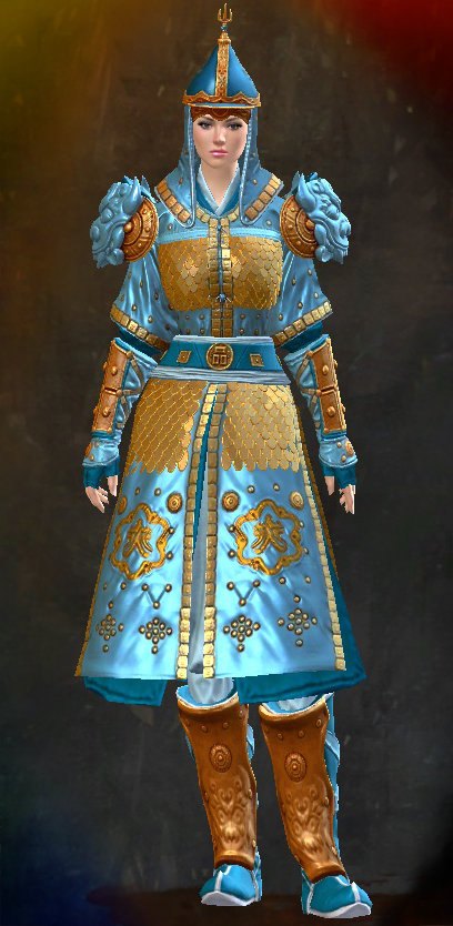 Guild Wars 2 Human Heavy Female End of Dragons Armor Set - Dyed Blue & Gold - Antique