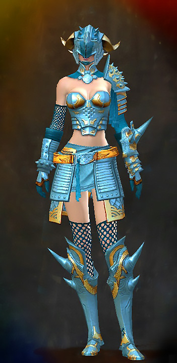 Guild Wars 2 Human Heavy Female Crafted Armor Set - Dyed Blue & Gold - Barbaric