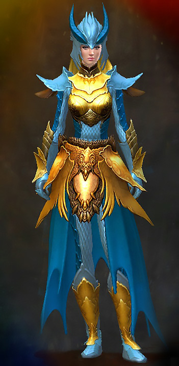 Guild Wars 2 Human Heavy Female Crafted Armor Set - Dyed Blue & Gold - Draconic