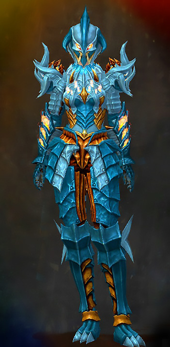 Guild Wars 2 Human Heavy Female Dungeon Armor Set - Dyed Blue & Gold - Flame Legion