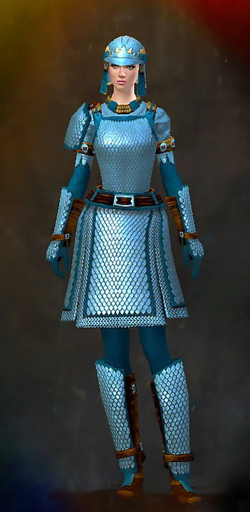 Guild Wars 2 Human Heavy Female PvP Armor Set - Dyed Blue & Gold - Heavy Scale