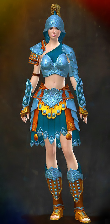 Guild Wars 2 Human Heavy Female Karma Armor Set - Dyed Blue & Gold - Pit Fighter