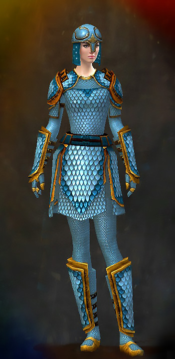 Guild Wars 2 Human Heavy Female Crafted Armor Set - Dyed Blue & Gold - Scale