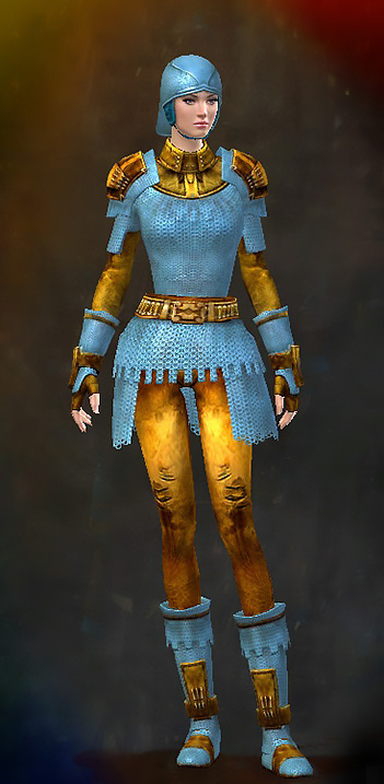 Guild Wars 2 Human Heavy Female Armor Set - Dyed Blue & Gold - Worn Chain