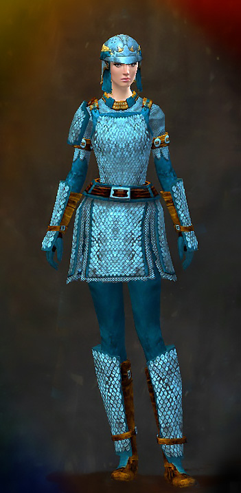 Guild Wars 2 Human Heavy Female Armor Set - Dyed Blue & Gold - Worn Scale