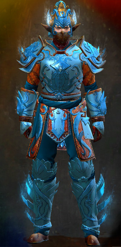 Guild Wars 2 Human Heavy Male End of Dragons Armor Set - Dyed Blue & Gold - Ancient Kraken