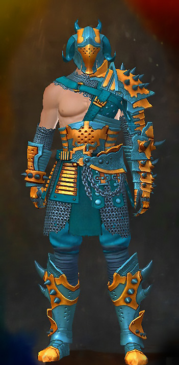 Guild Wars 2 Human Heavy Male Crafted Armor Set - Dyed Blue & Gold - Barbaric
