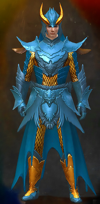 Guild Wars 2 Human Heavy Male Crafted Armor Set - Dyed Blue & Gold - Draconic