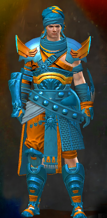 Guild Wars 2 Human Heavy Male Path of Fire Armor Set - Dyed Blue & Gold - Elonian