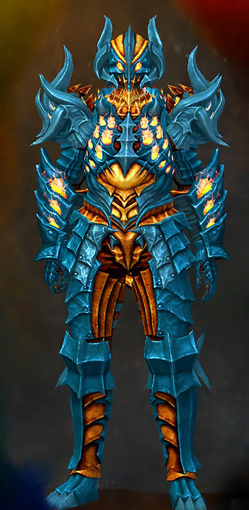 Guild Wars 2 Human Heavy Male Dungeon Armor Set - Dyed Blue & Gold - Flame Legion