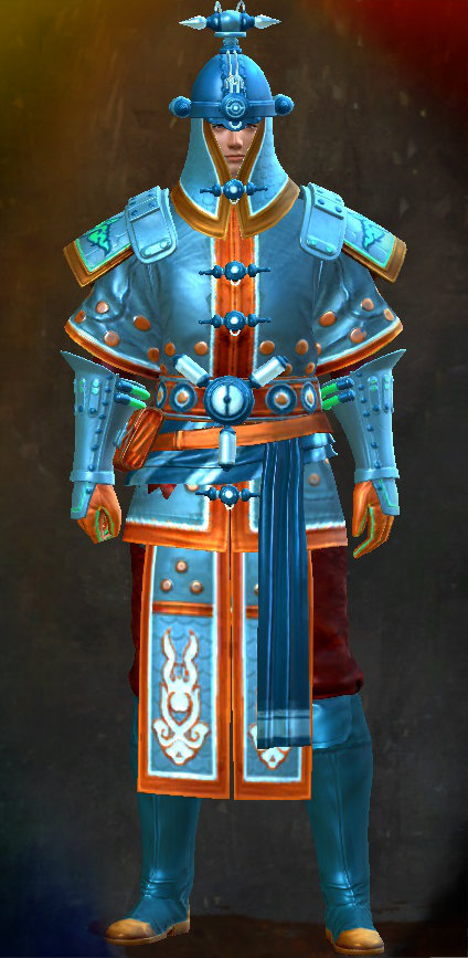 Guild Wars 2 Human Heavy Male End of Dragons Armor Set - Dyed Blue & Gold - Jade Tech