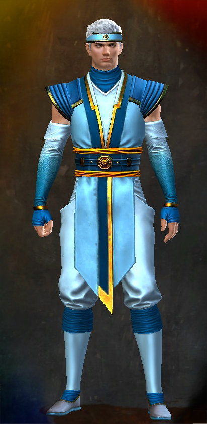 Guild Wars 2 Human Heavy Male End of Dragons Armor Set - Dyed Blue & Gold - Monastery