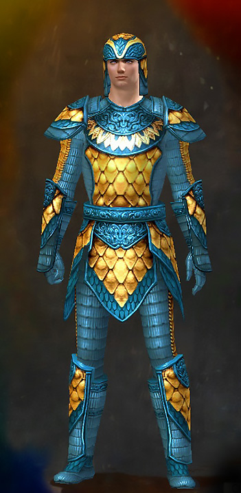 Guild Wars 2 Human Heavy Male Crafted Armor Set - Dyed Blue & Gold - Tempered Scale