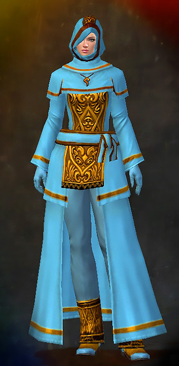 Female Karma - Devout Guild Wars 2 Human Light Female Karma Armor Set - Dyed Blue & Gold - Devout