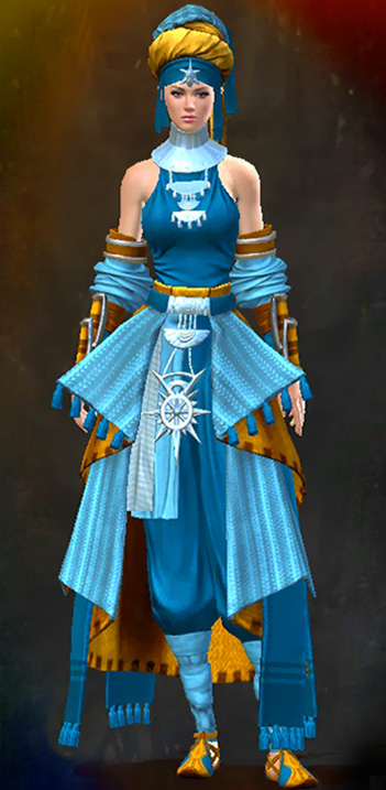 Female Path of Fire - Elonian Guild Wars 2 Human Light Female Path of Fire Armor Set - Dyed Blue & Gold - Elonian