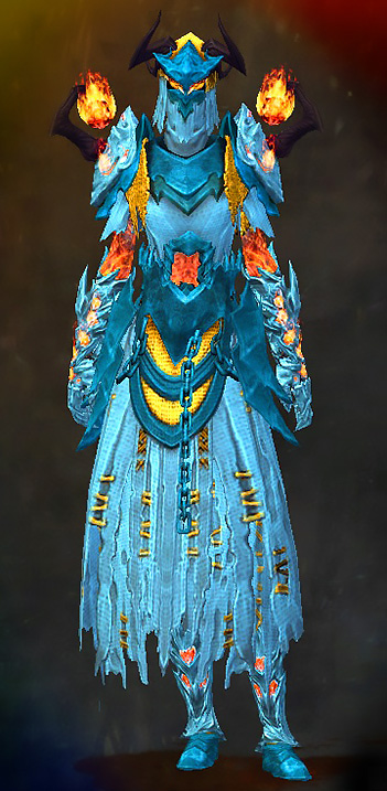 Female Dungeon Citadel of Flame - Flame Legion Guild Wars 2 Human Light Female Dungeon Armor Set - Dyed Blue & Gold - Flame Legion
