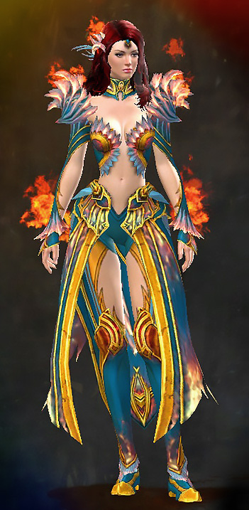 Female Gem Store - Flamekissed Guild Wars 2 Human Light Female Gem Armor Set - Dyed Blue & Gold - Flamekissed