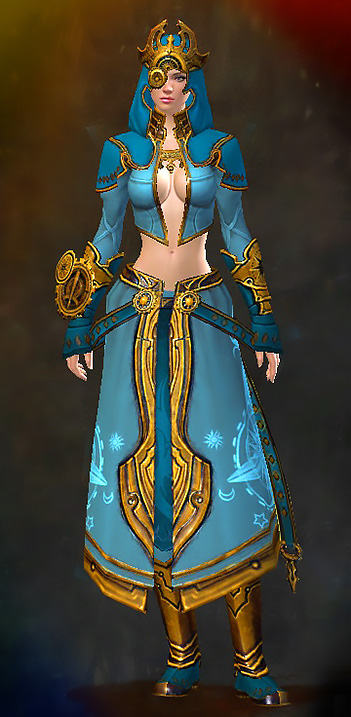 Female Dungeon Crucible of Eternity - Inquest Guild Wars 2 Human Light Female Dungeon Armor Set - Dyed Blue & Gold - Inquest
