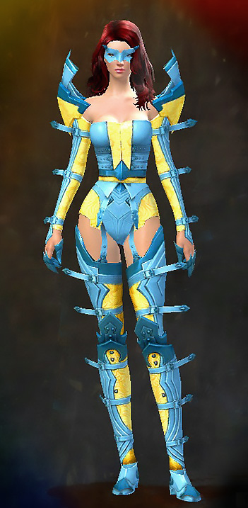 Female Gem Store - Profane Guild Wars 2 Human Light Female Gem Armor Set - Dyed Blue & Gold - Profane