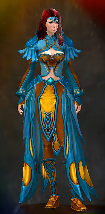 Female Karma - Stately Guild Wars 2 Human Light Female Karma Armor Set - Dyed Blue & Gold - Stately