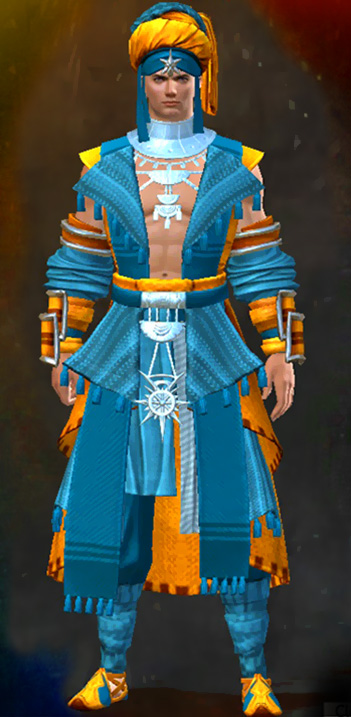Guild Wars 2 Human Light Male Path of Fire Armor Set - Dyed Blue & Gold - Elonian