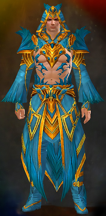 Male Crafted - Feathered Guild Wars 2 Human Light Male Crafted Armor Set - Dyed Blue & Gold - Feathered