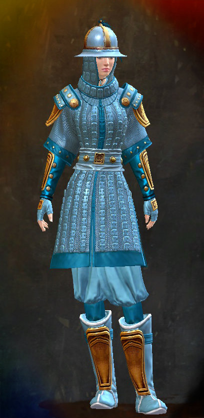 Female End of Dragons - Antique Guild Wars 2 Human Medium Female End of Dragons Armor Set - Dyed Blue & Gold - Antique